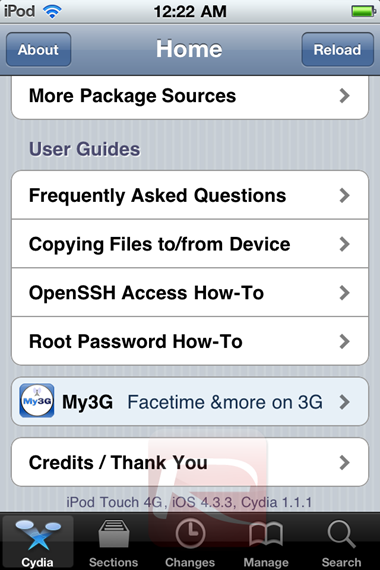 Cydia on iOS 4.3.3 Cydia running on iOS 4.3.3